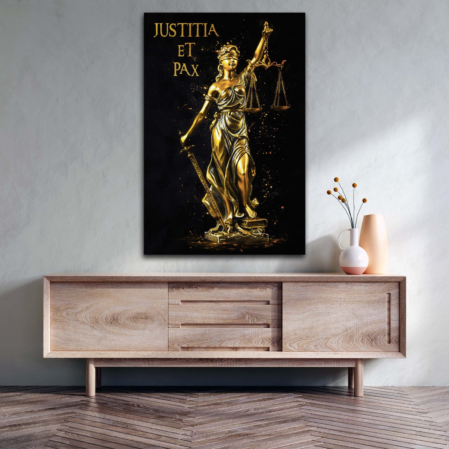 Wandbild Kunstwerk Justitia Skulptur Gold Gerechtigkeit Eleganz modern
