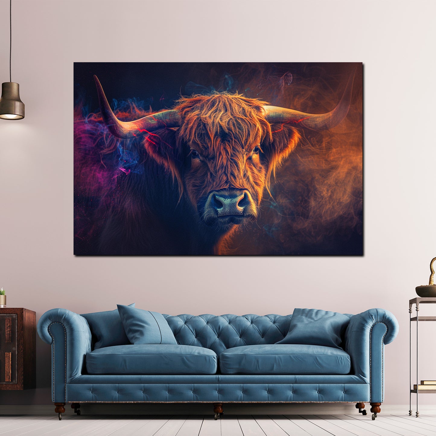 Wandbild Kunstwerk Kuh Farbenspiel Rauch Dynamik modern
