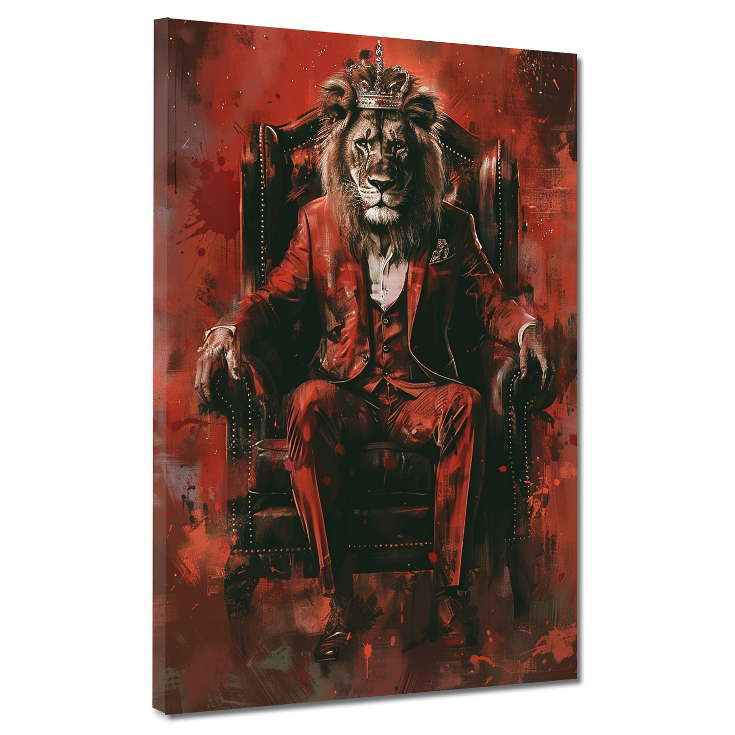 Wandbild Kunstwerk Löwe König im Anzug auf dem Thron Rot