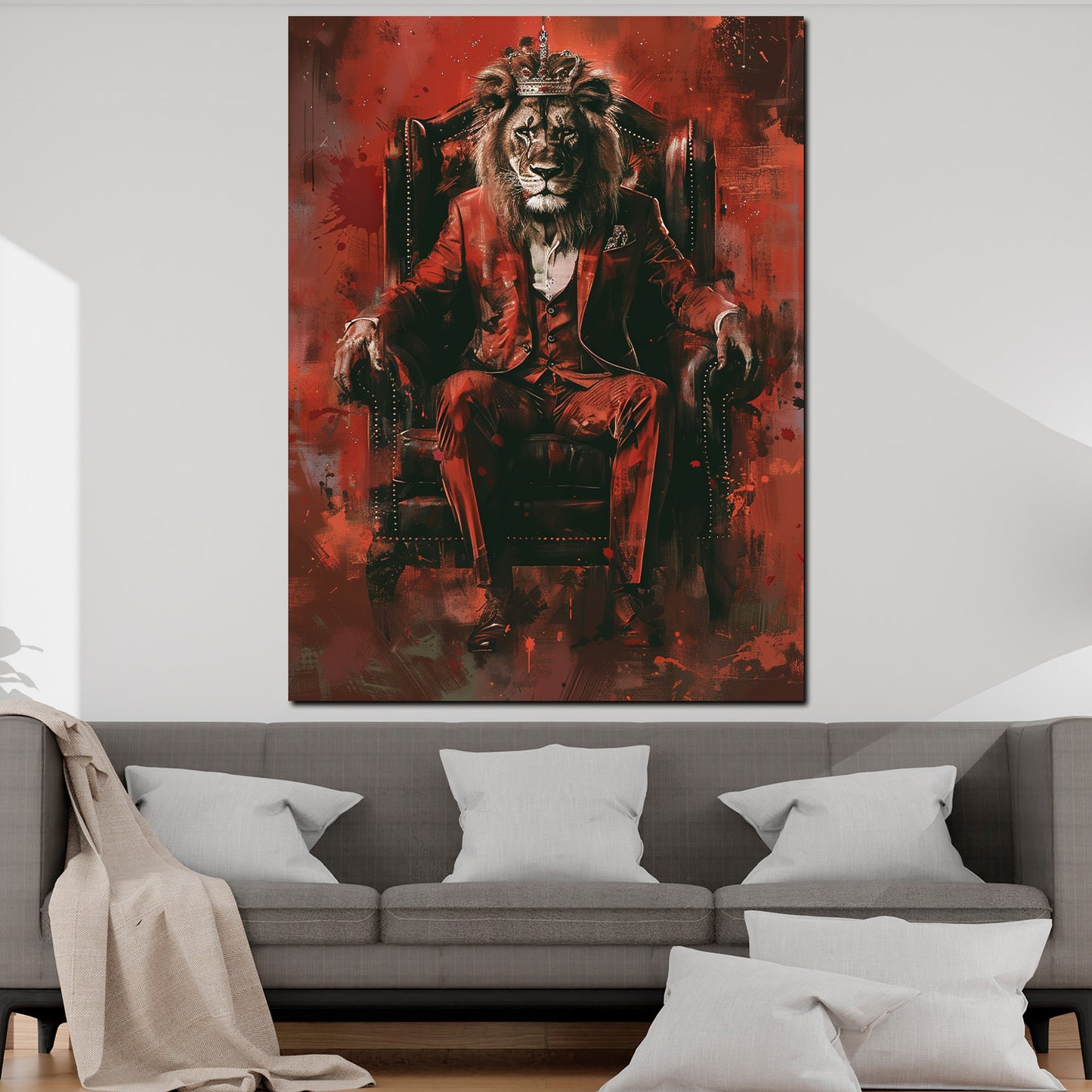 Wandbild Kunstwerk Löwe König im Anzug auf dem Thron Rot