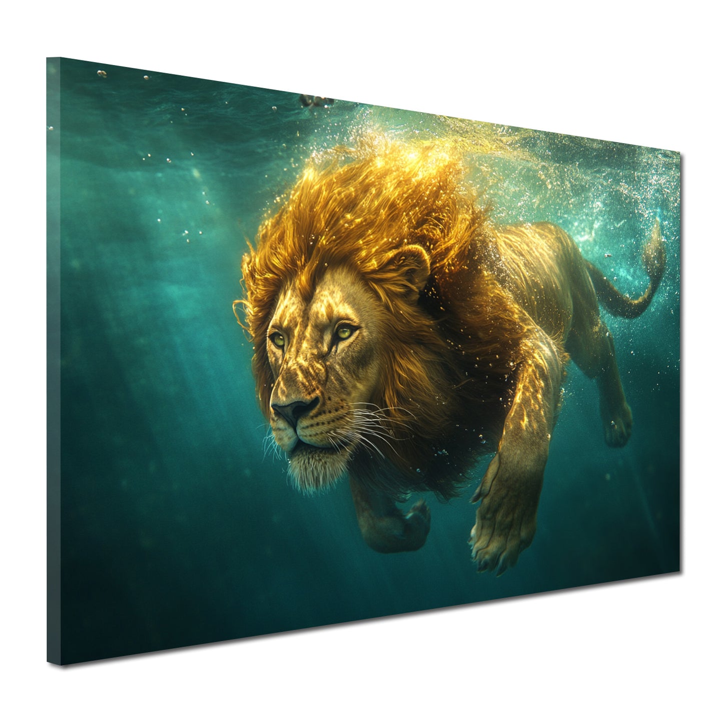 Wandbild Kunstwerk Löwe schwimmt durch Wasser Tierportrait
