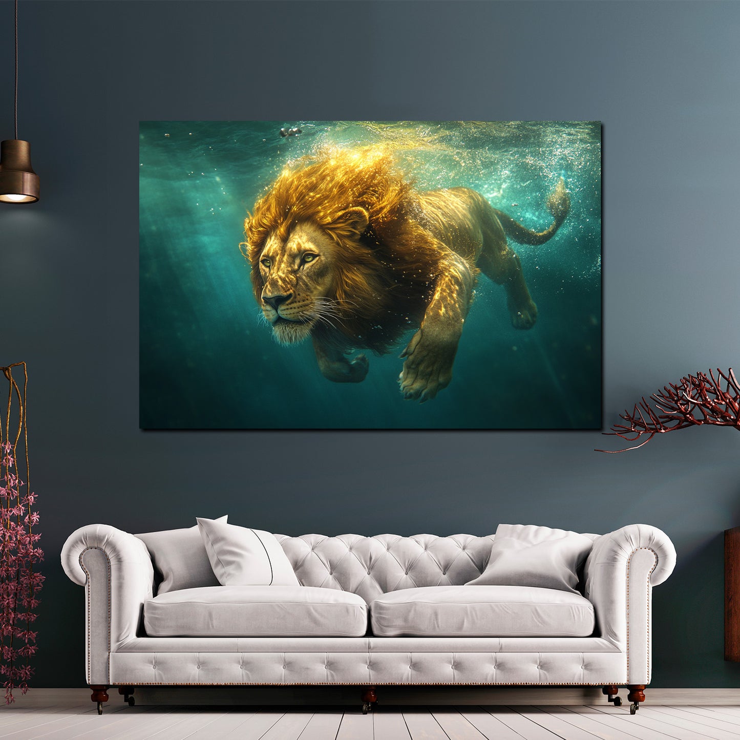 Wandbild Kunstwerk Löwe schwimmt durch Wasser Tierportrait