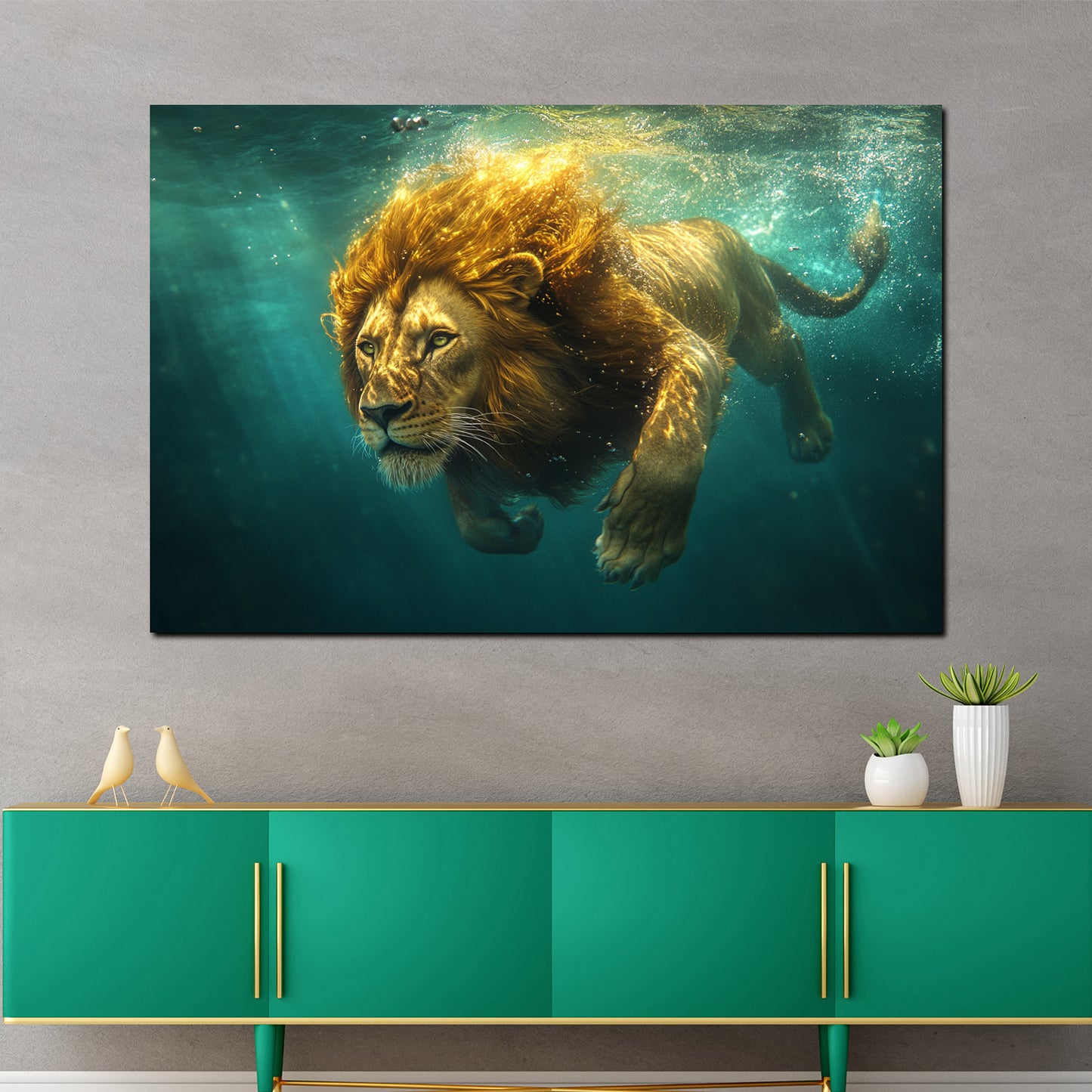 Wandbild Kunstwerk Löwe schwimmt durch Wasser Tierportrait