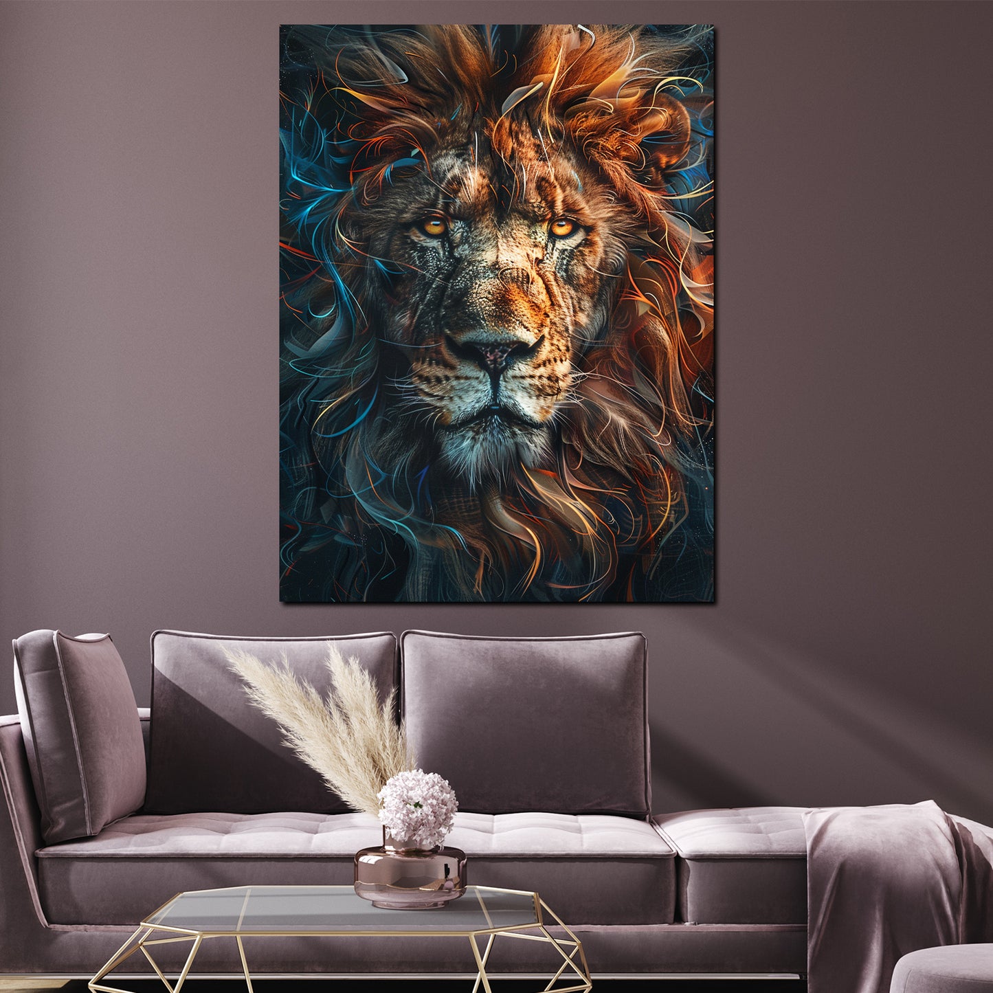 Wandbild Kunstwerk Löwenkopf farbenprächtig Dynamik Wildheit modern