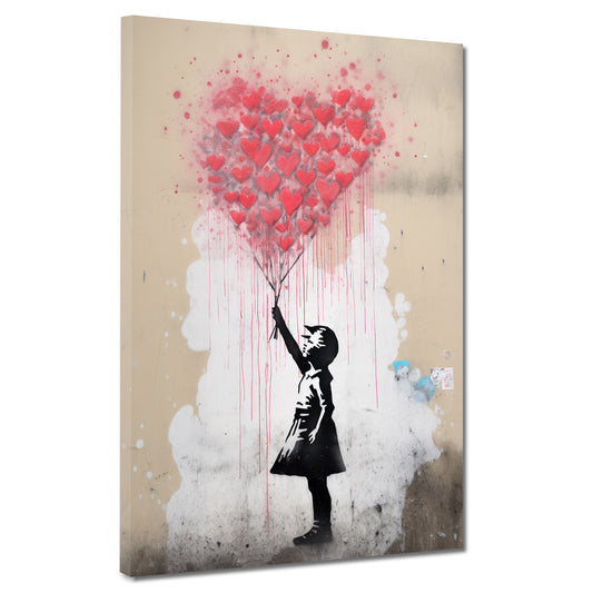 Mädchen mit rotem Ballon aus Herzen, Street Art Wandbild Kunstwerk