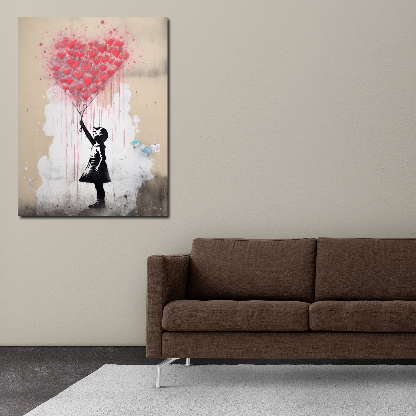 Mädchen mit rotem Ballon aus Herzen, Street Art Wandbild Kunstwerk