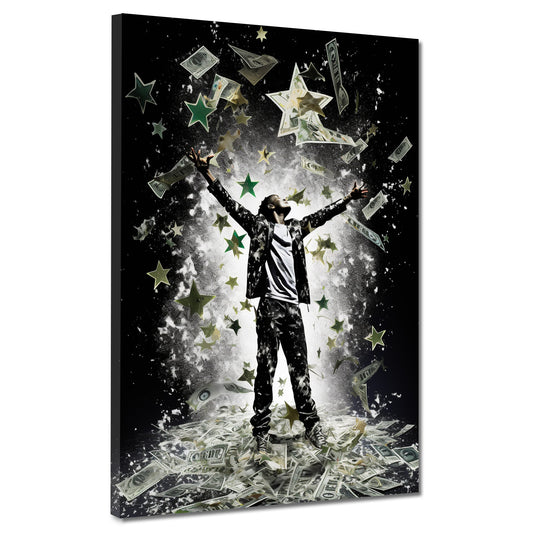 Wandbild Kunstwerk Mann Triumph Geld Sterne Motivation modern
