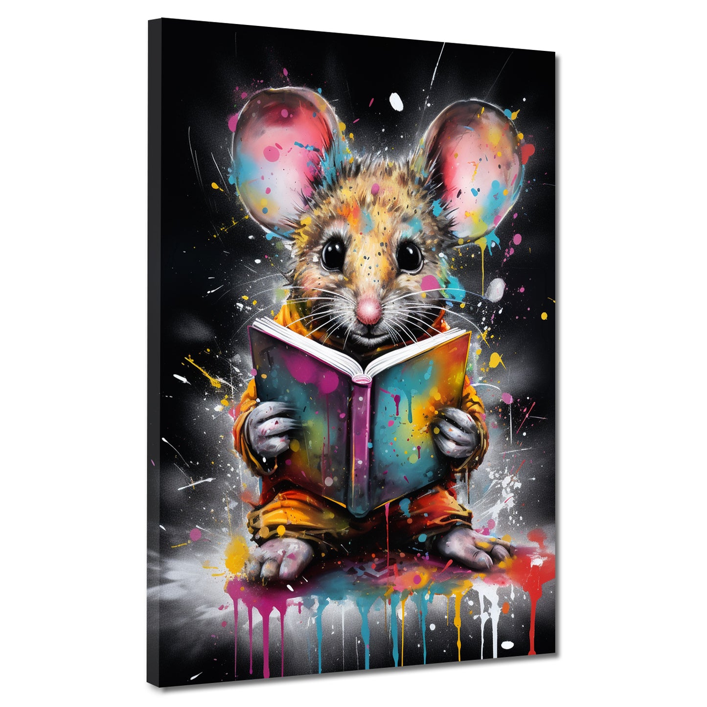 Wandbild Kunstwerk Maus mit Buch Colour Splash