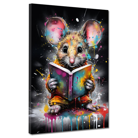 Wandbild Kunstwerk Maus mit Buch Colour Splash