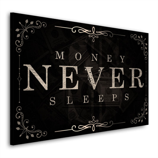 Money Never Sleeps Silver Black Style, Motivation Wandbild Kunstwerk
