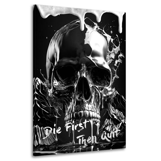 Wandbild Kunstwerk Motivation Totenkopf Zitat Metalloptik modern