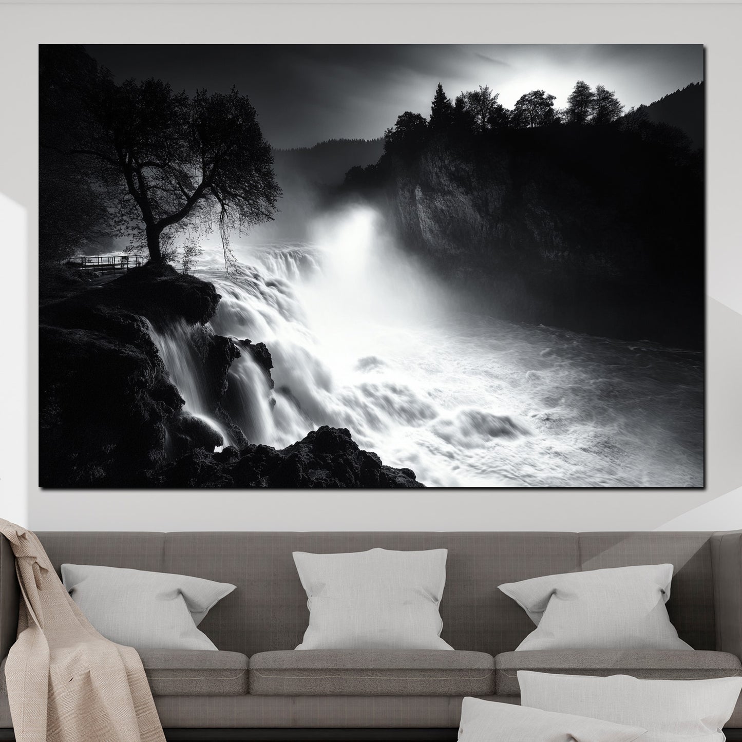 Wandbild Kunstwerk Naturgewalt Wasserfall schwarz weiß Romantik Fluss Bewegung