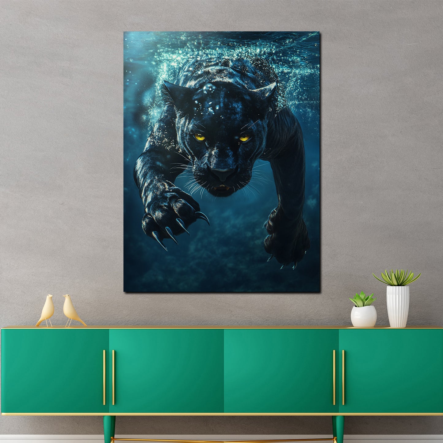 Wandbild Kunstwerk Panther Tiermotiv im Wasser Energie modern