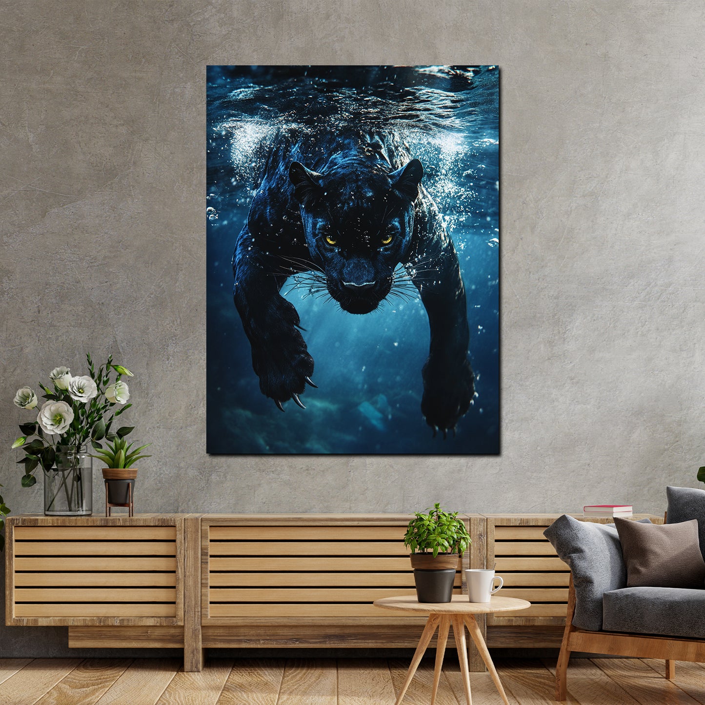 Wandbild Kunstwerk Panther in Bewegung Wildtier Wasser Energie modern