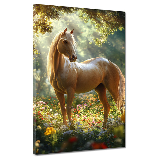 Wandbild Kunstwerk Pferd auf einer Blumenwiese Natur Harmonie Licht