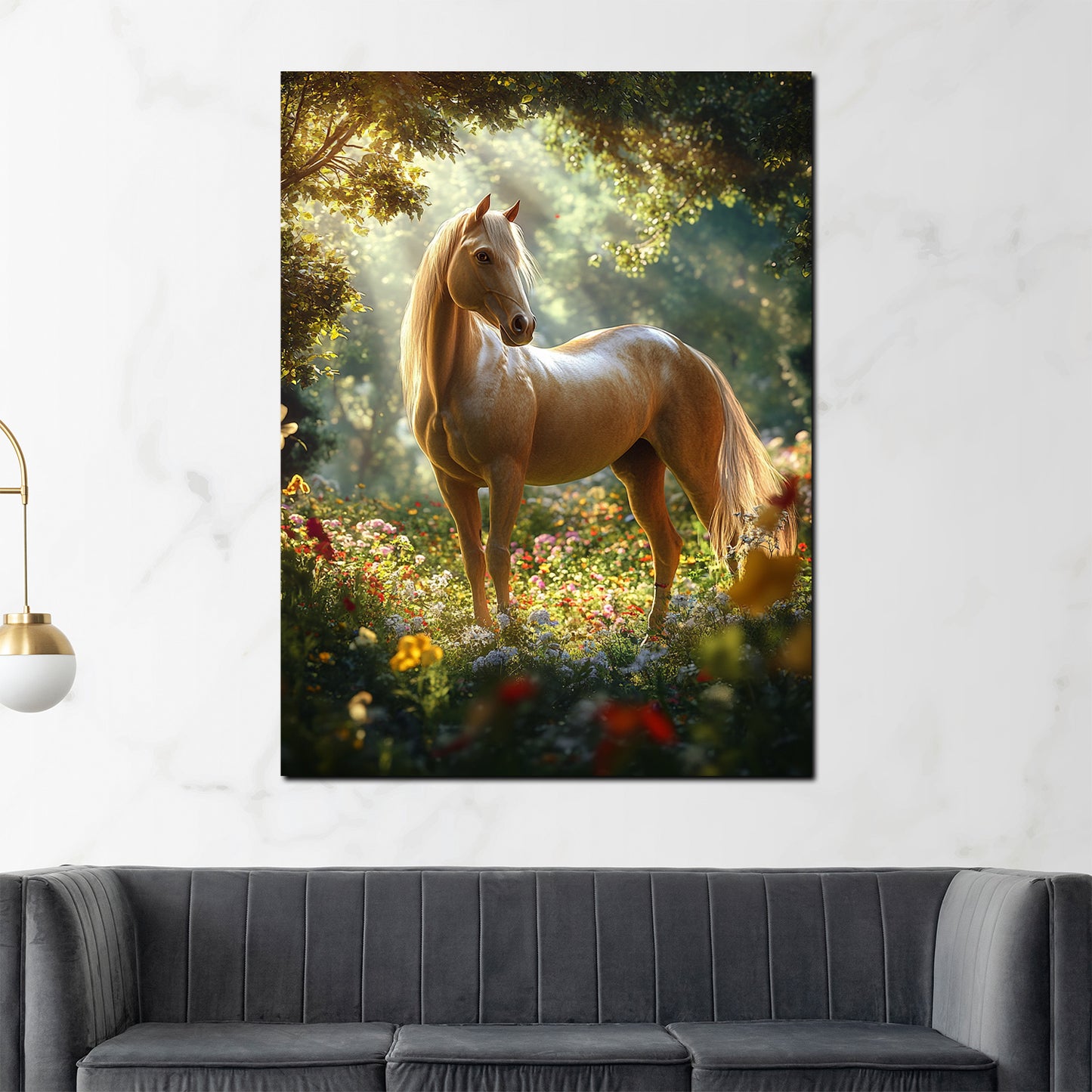 Wandbild Kunstwerk Pferd auf einer Blumenwiese Natur Harmonie Licht