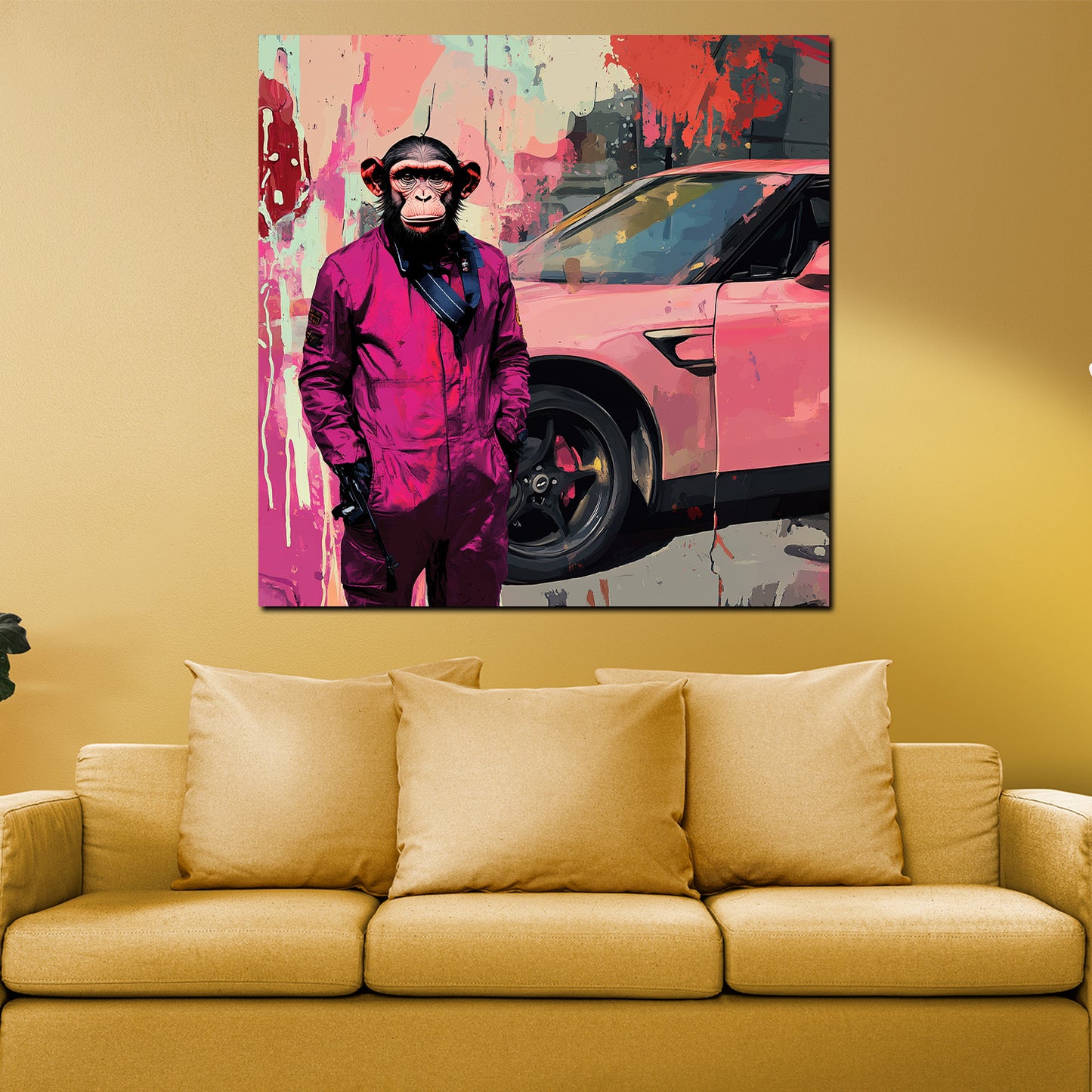 Wandbild Kunstwerk Pop Art Affe im Anzug vor Auto bunt