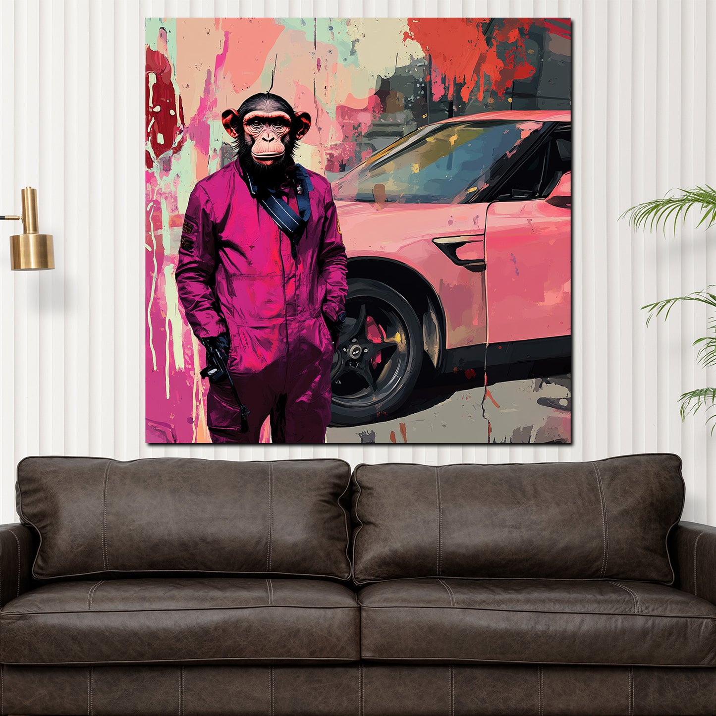 Wandbild Kunstwerk Pop Art Affe im Anzug vor Auto bunt