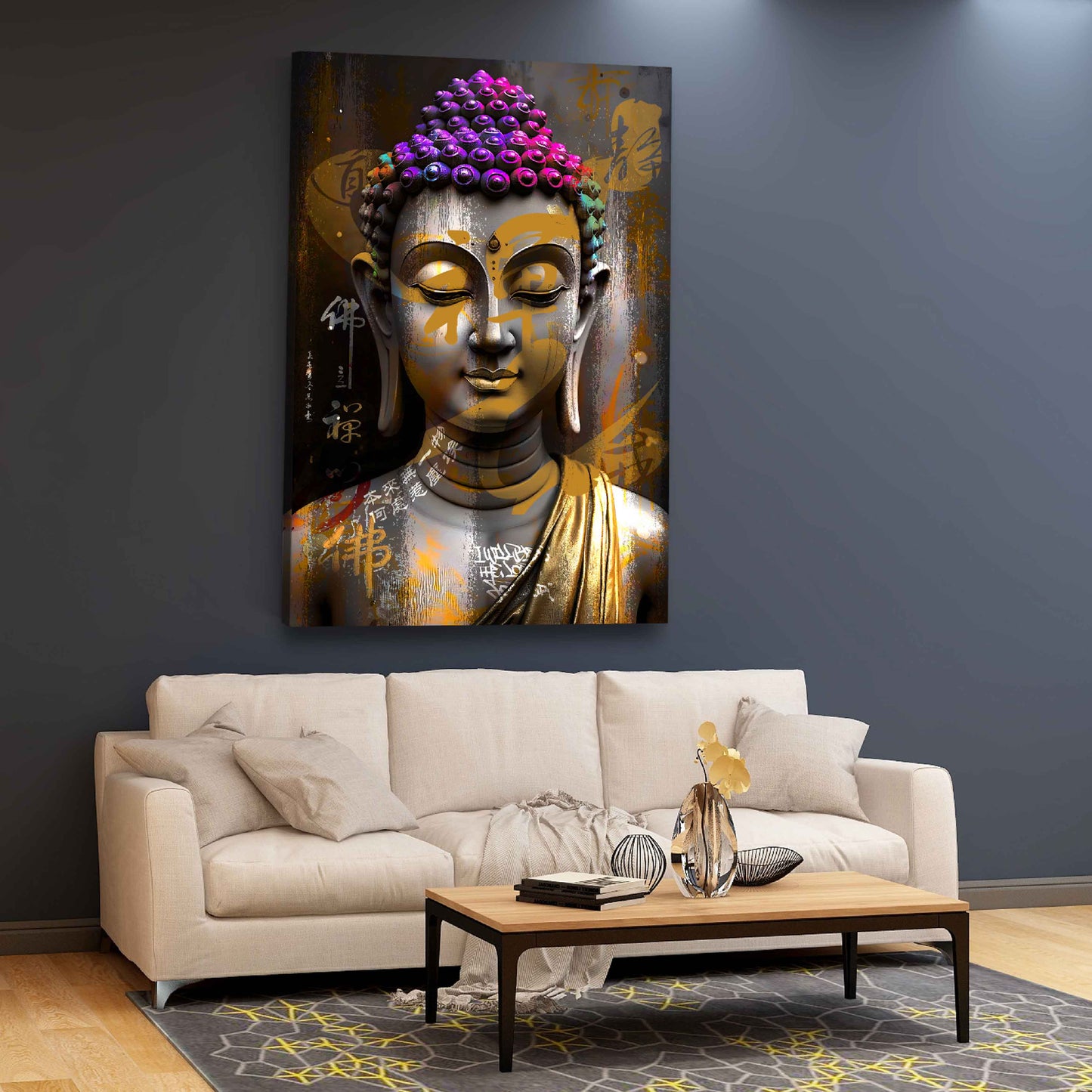 Pop Art Buddha Figur innere Ruhe Farbenpracht Wandbild Kunstwerk