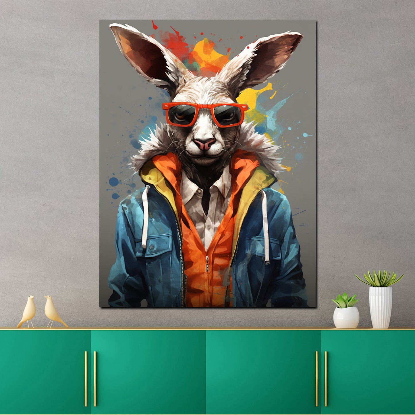 Pop Art Cooler Hase mit Sonnenbrille Painting Style Wandbild Kunstwerk