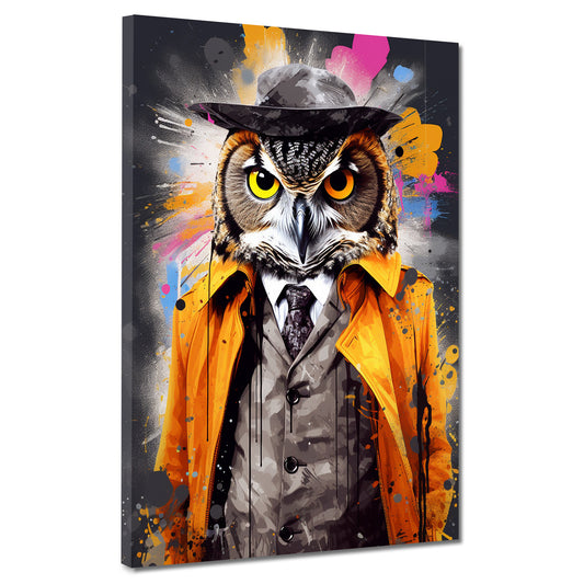 Wandbild Kunstwerk Pop Art Eule im Anzug Colour Splash