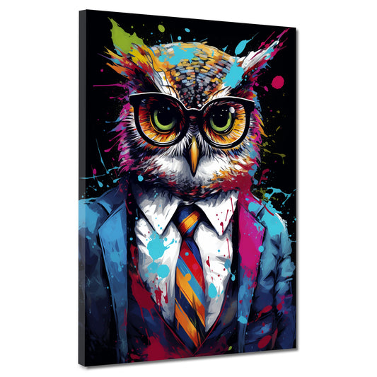 Wandbild Kunstwerk Pop Art Eule im Anzug Dark Mode