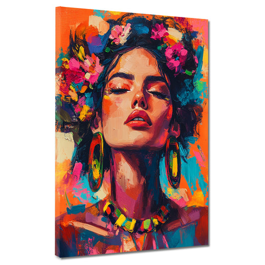 Wandbild Kunstwerk Pop Art Frida jung Ausdruck Blumen modern