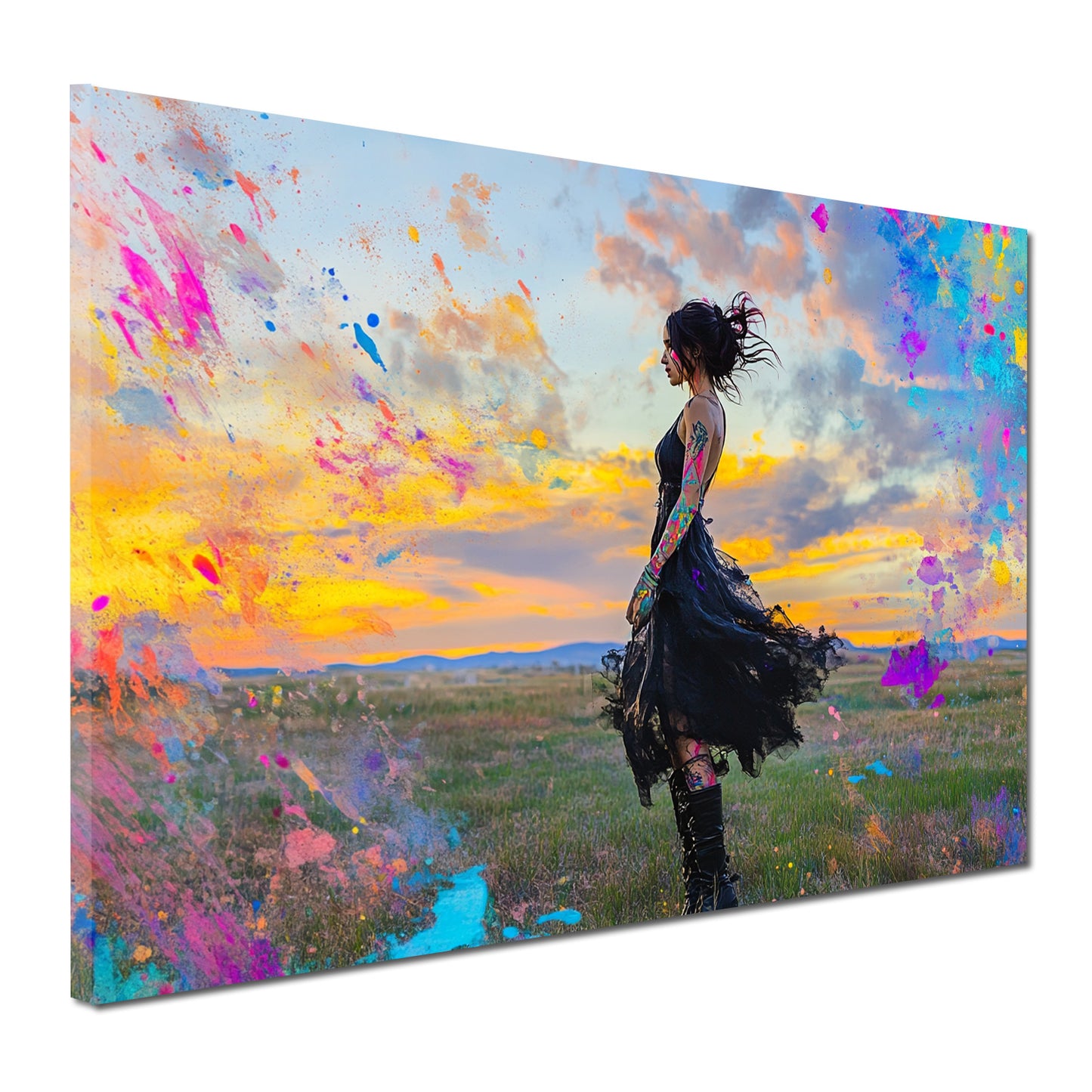 Pop Art Frau Sonnenuntergang Szene bunt Wandbild Kunstwerk