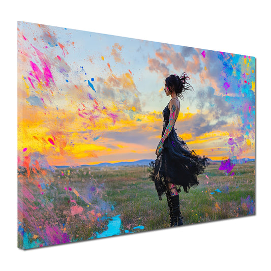 Wandbild Kunstwerk Pop Art Frau Sonnenuntergang Szene bunt