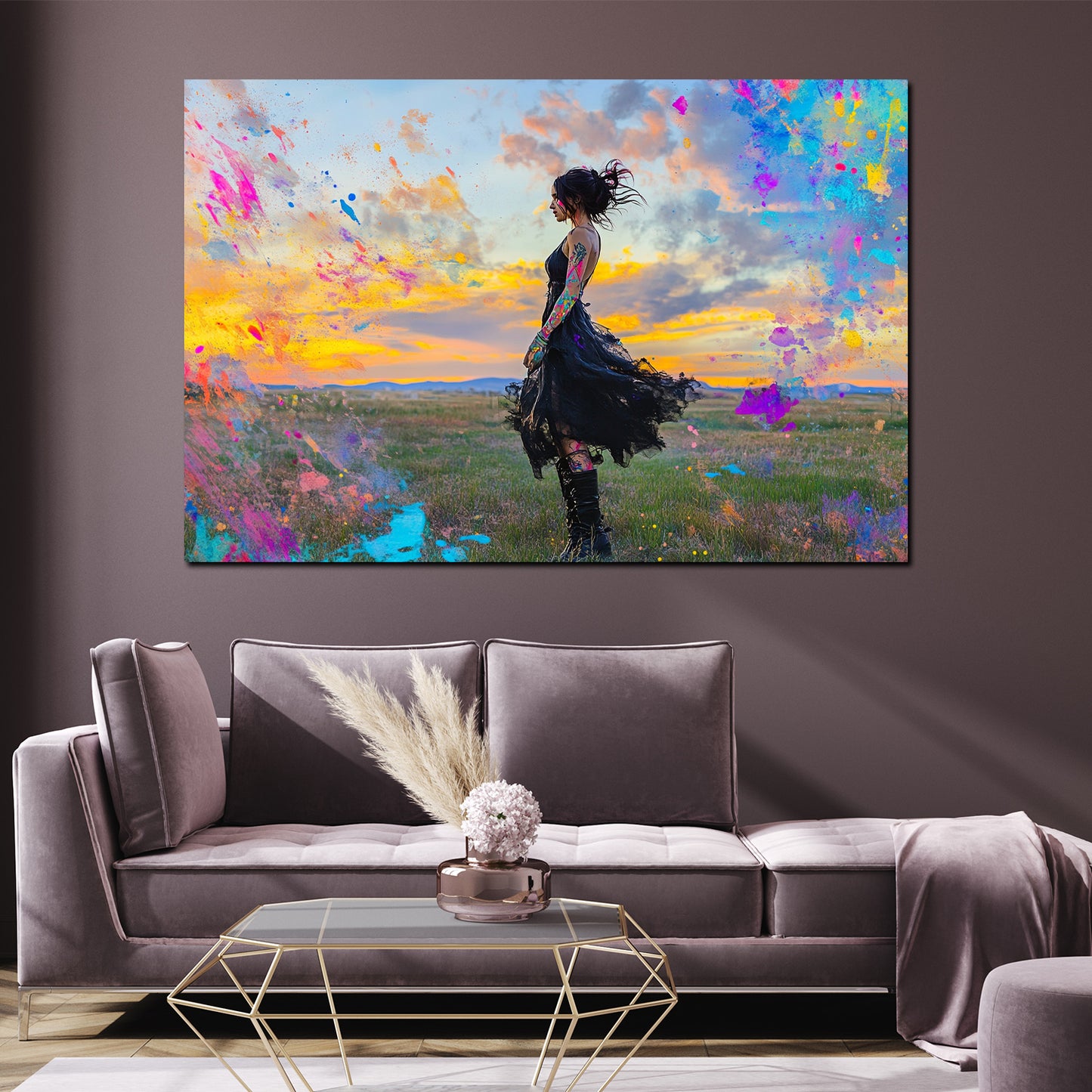 Pop Art Frau Sonnenuntergang Szene bunt Wandbild Kunstwerk