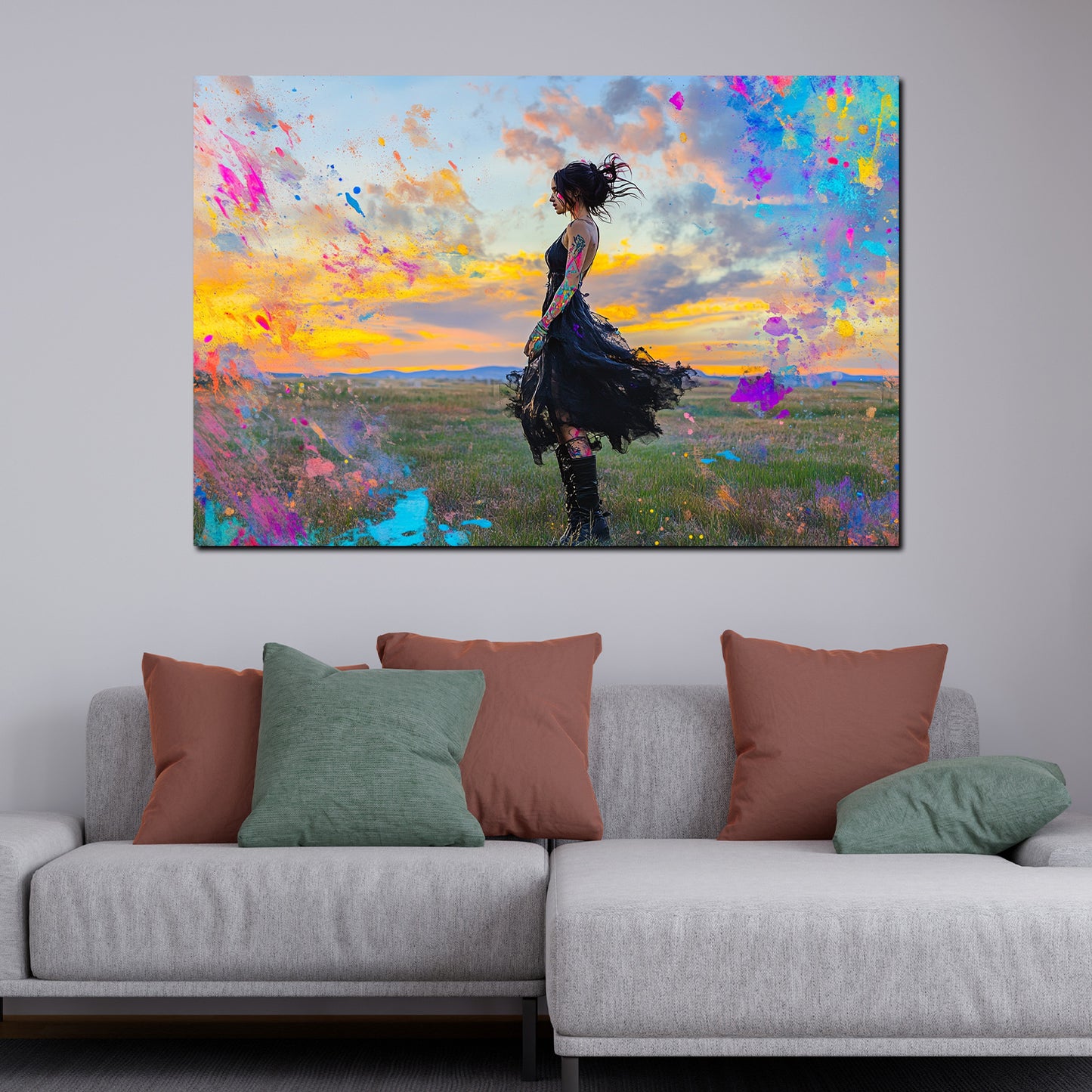 Pop Art Frau Sonnenuntergang Szene bunt Wandbild Kunstwerk