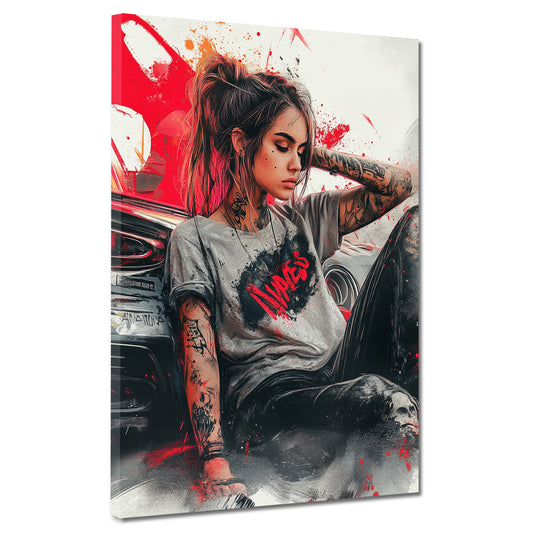 Wandbild Kunstwerk Pop Art Frau tätowiert mit Auto rebellisch