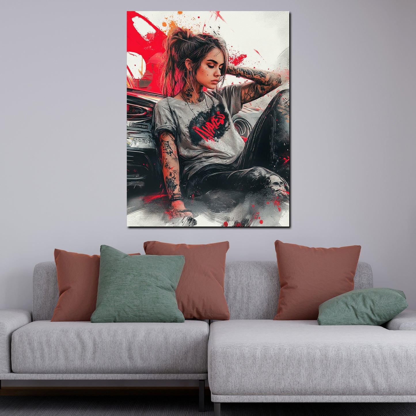 Pop Art Frau tätowiert mit Auto rebellisch Wandbild Kunstwerk
