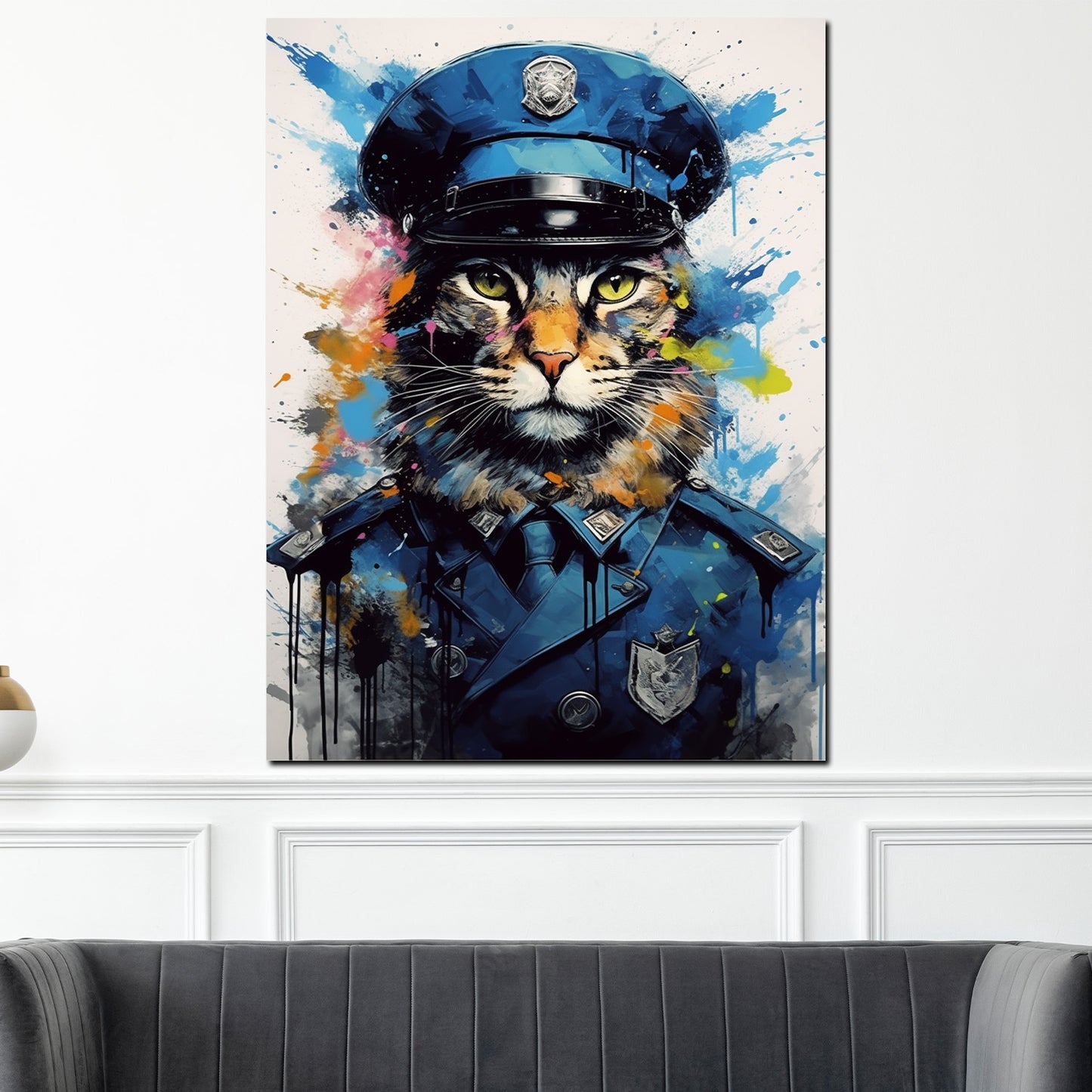 Pop Art Katze in Polizeiuniform Wandbild Kunstwerk