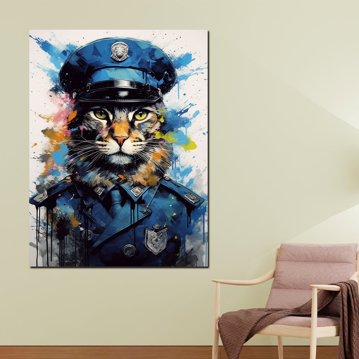 Pop Art Katze in Polizeiuniform Wandbild Kunstwerk