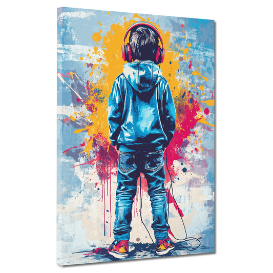 Wandbild Kunstwerk Pop Art Kind mit Kopfhörern farbenfroh