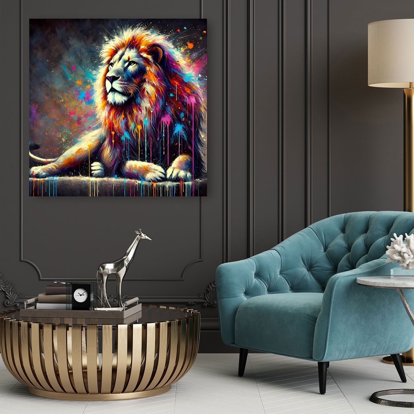 Pop Art Löwe mit farbenfrohem Design Wandbild Kunstwerk