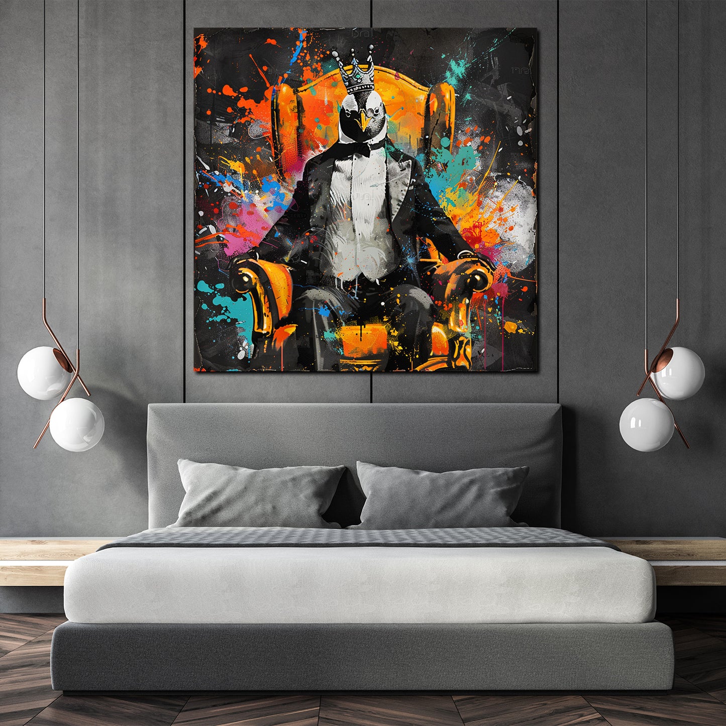 Wandbild Kunstwerk Pop Art Pinguin im Anzug auf Thron modern