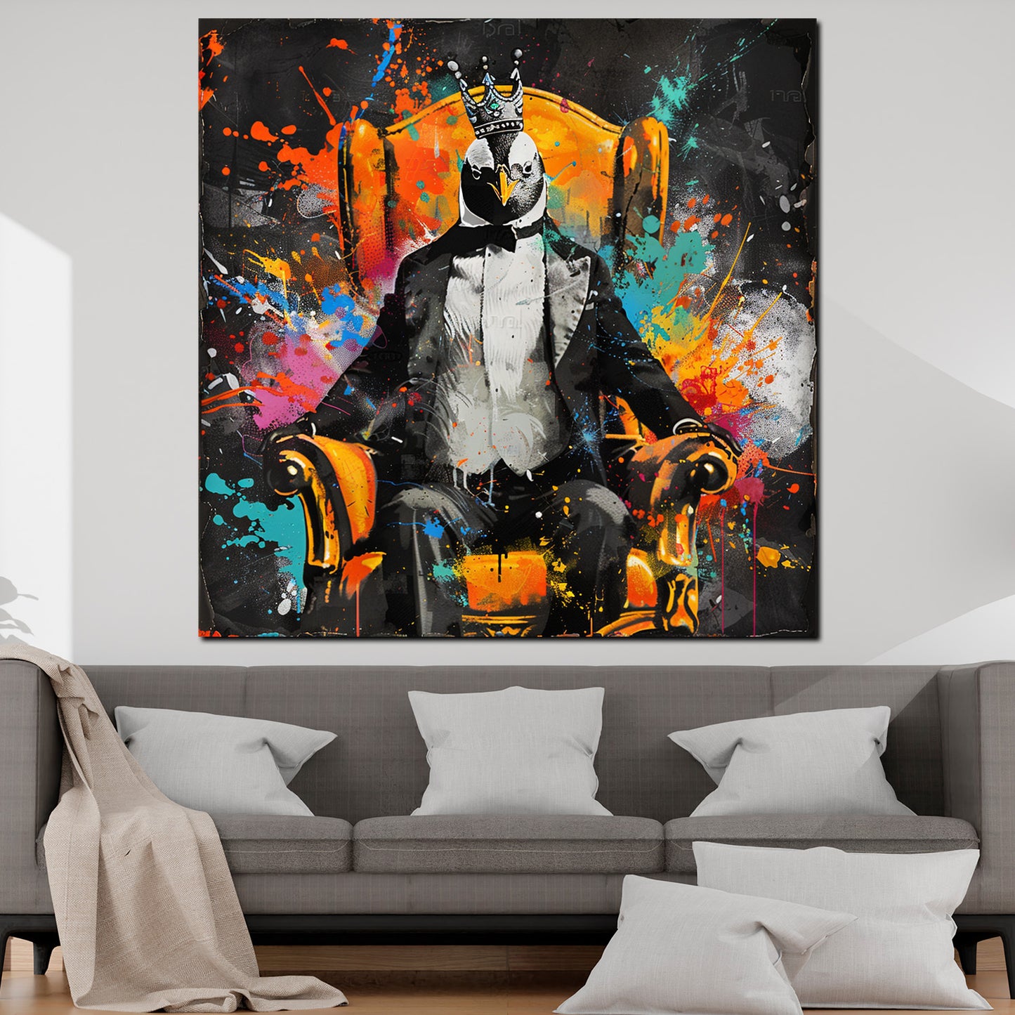 Wandbild Kunstwerk Pop Art Pinguin im Anzug auf Thron modern