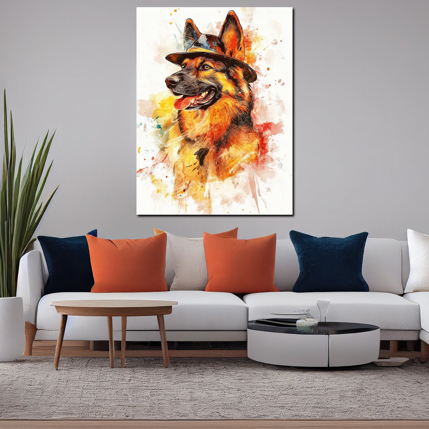 Pop Art Schäferhund mit Hut bunt Wandbild Kunstwerk