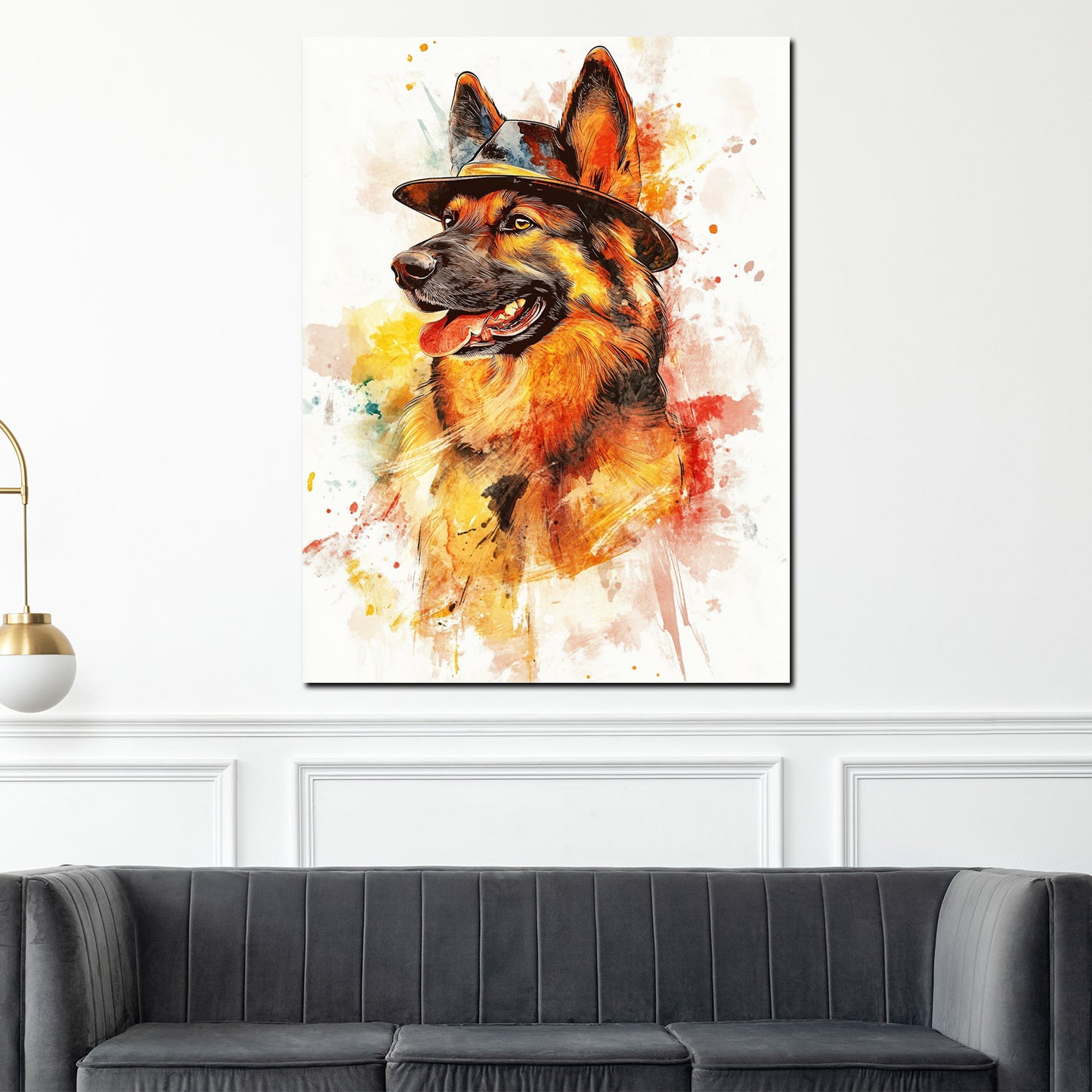 Pop Art Schäferhund mit Hut bunt Wandbild Kunstwerk