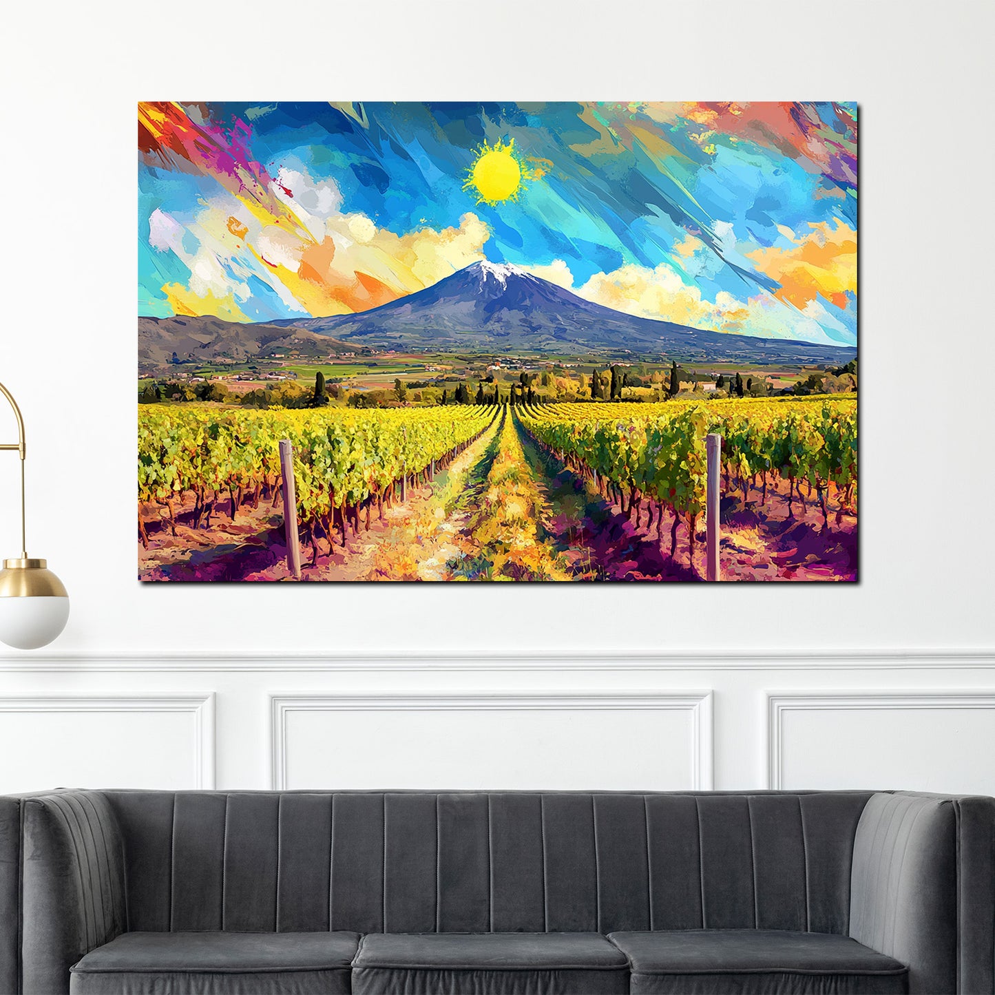 Wandbild Kunstwerk Pop Art Weinlandschaft Reben Panorama Himmel Farbenspiel