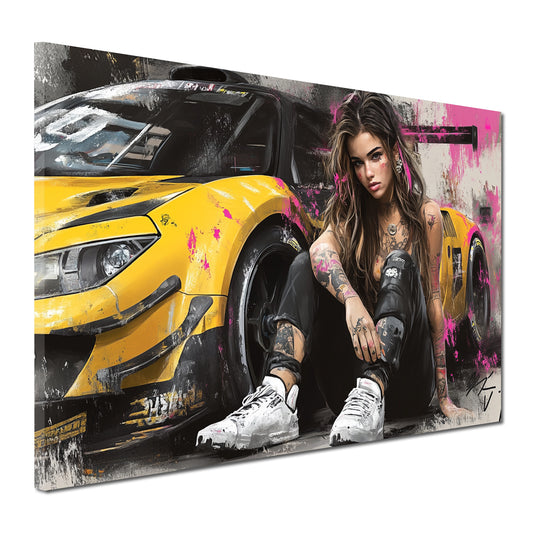 Wandbild Kunstwerk Pop Art tätowierte Frau und Sportauto
