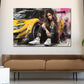 Pop Art tätowierte Frau und Sportauto Wandbild Kunstwerk
