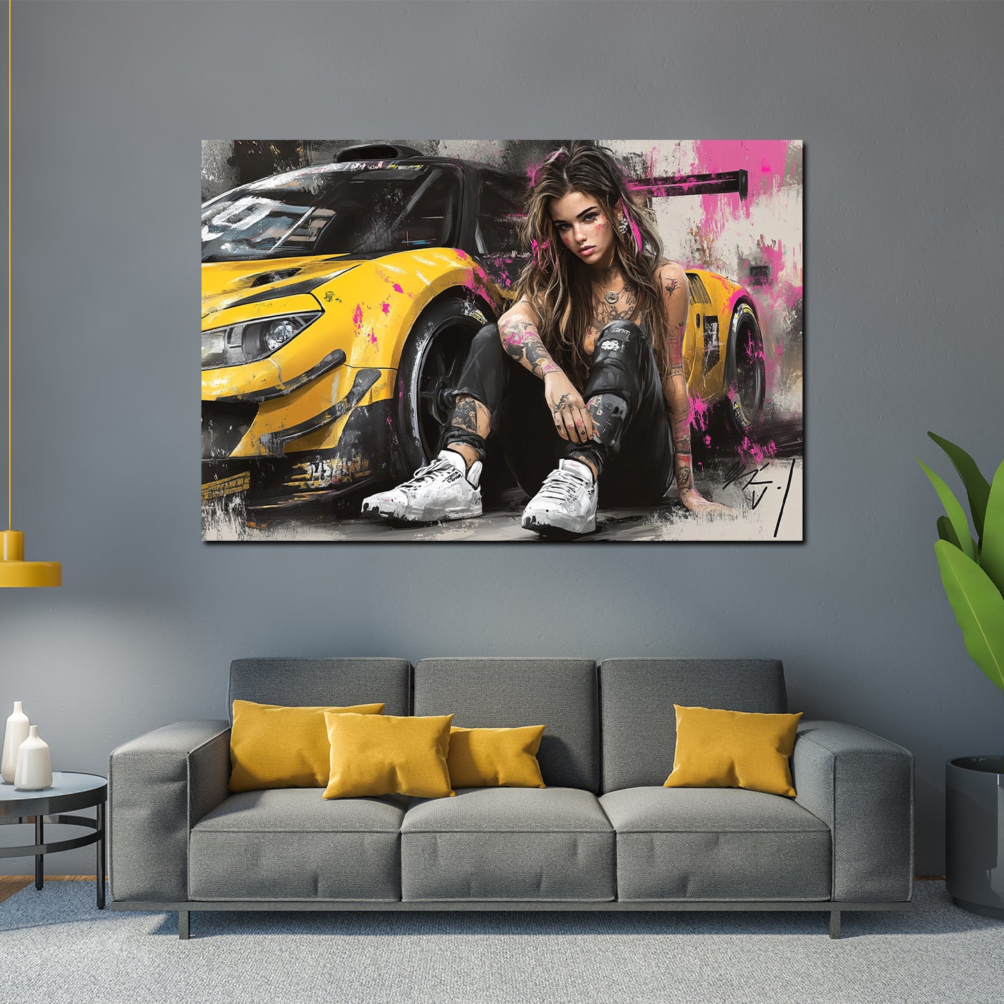Pop Art tätowierte Frau und Sportauto Wandbild Kunstwerk