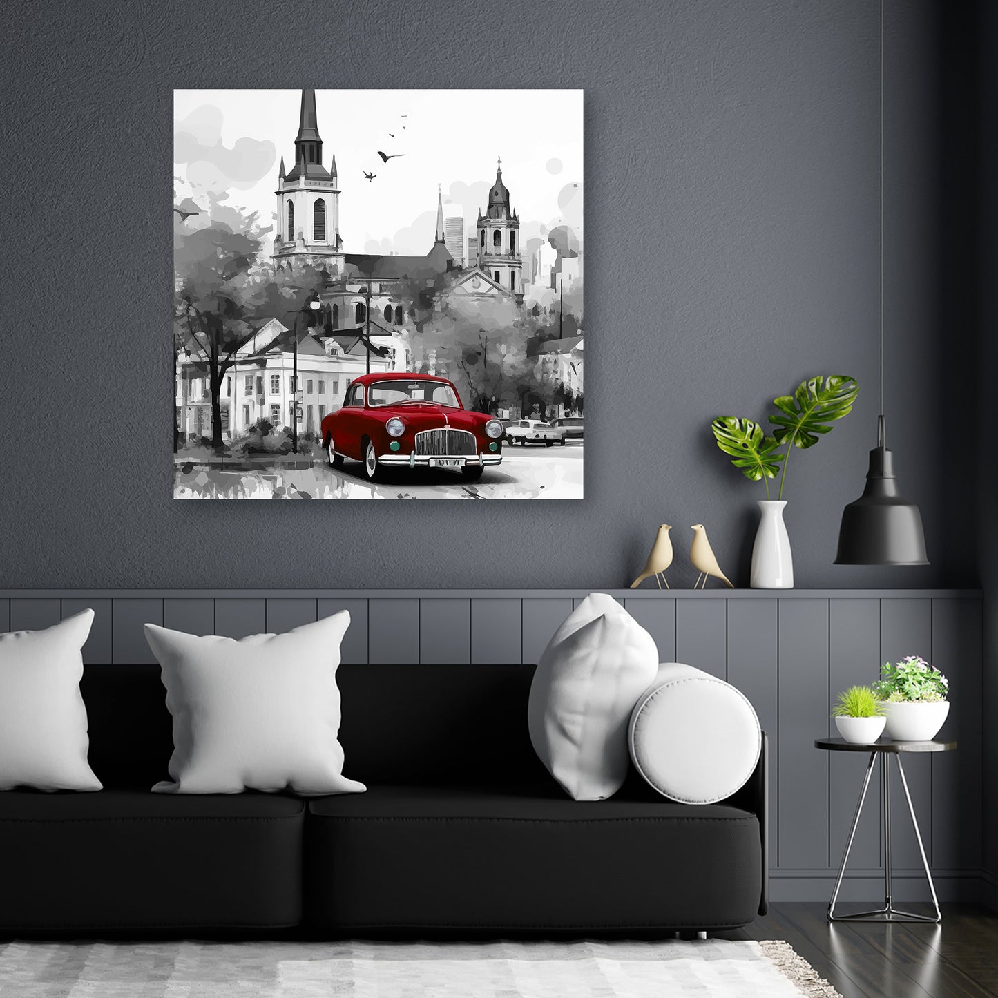Wandbild Kunstwerk Rotes Auto Oldtimer schwarz weiß Stadt