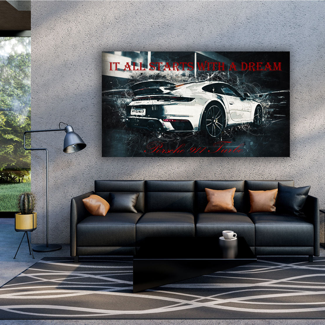 Sportwagen Porsche weiß It All Starts With A Dream Wandbild Kunstwerk