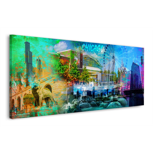 Wandbild Kunstwerk Stadtansicht Chicago USA Pop Art mit Architektur