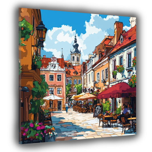 Wandbild Kunstwerk Städte Altstadt Flair Straßencafé Blumen Farbenpracht modern