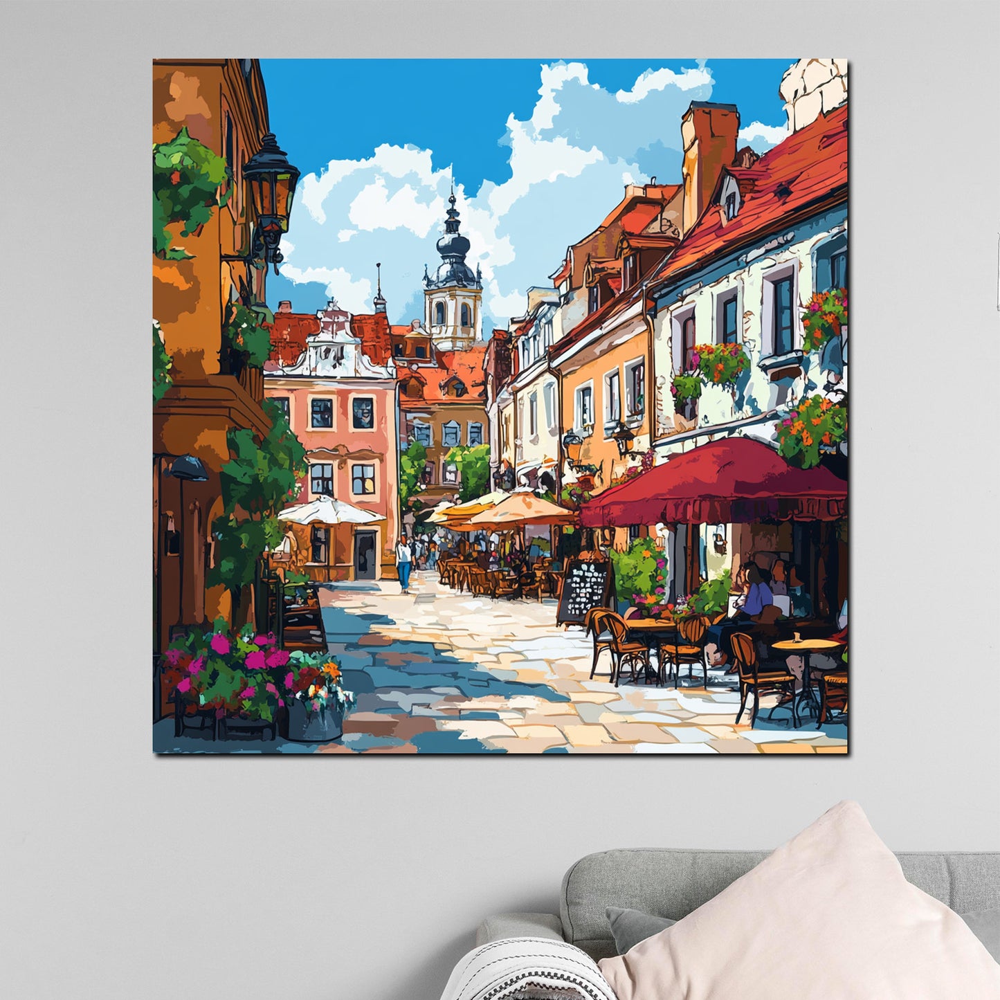 Wandbild Kunstwerk Städte Altstadt Flair Straßencafé Blumen Farbenpracht modern